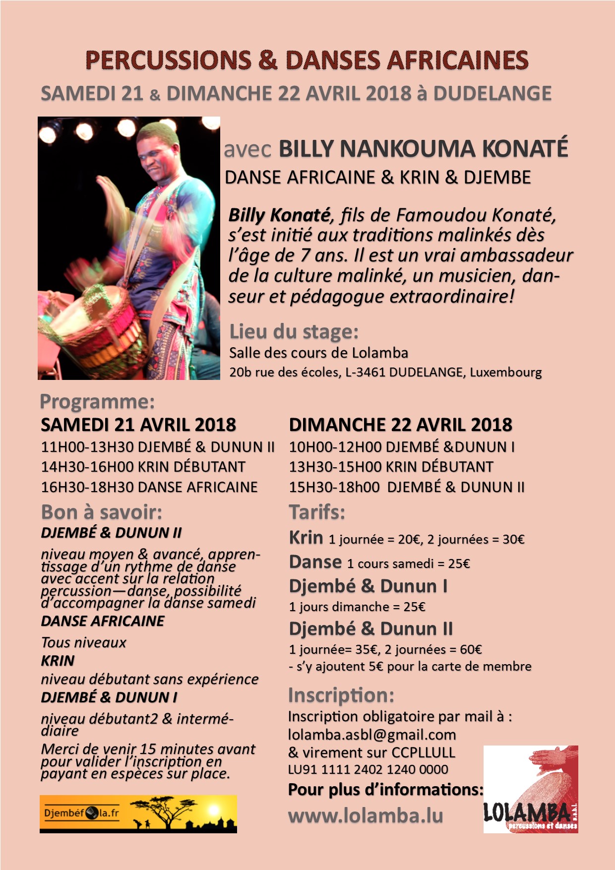 Ateliers de Billy Konate le weekend 21 et 22 avril